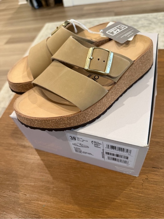 Birkenstock Shoes - Birkenstock Papillio Almina Sandcastle Double-Strap Slide with Gold Buckles